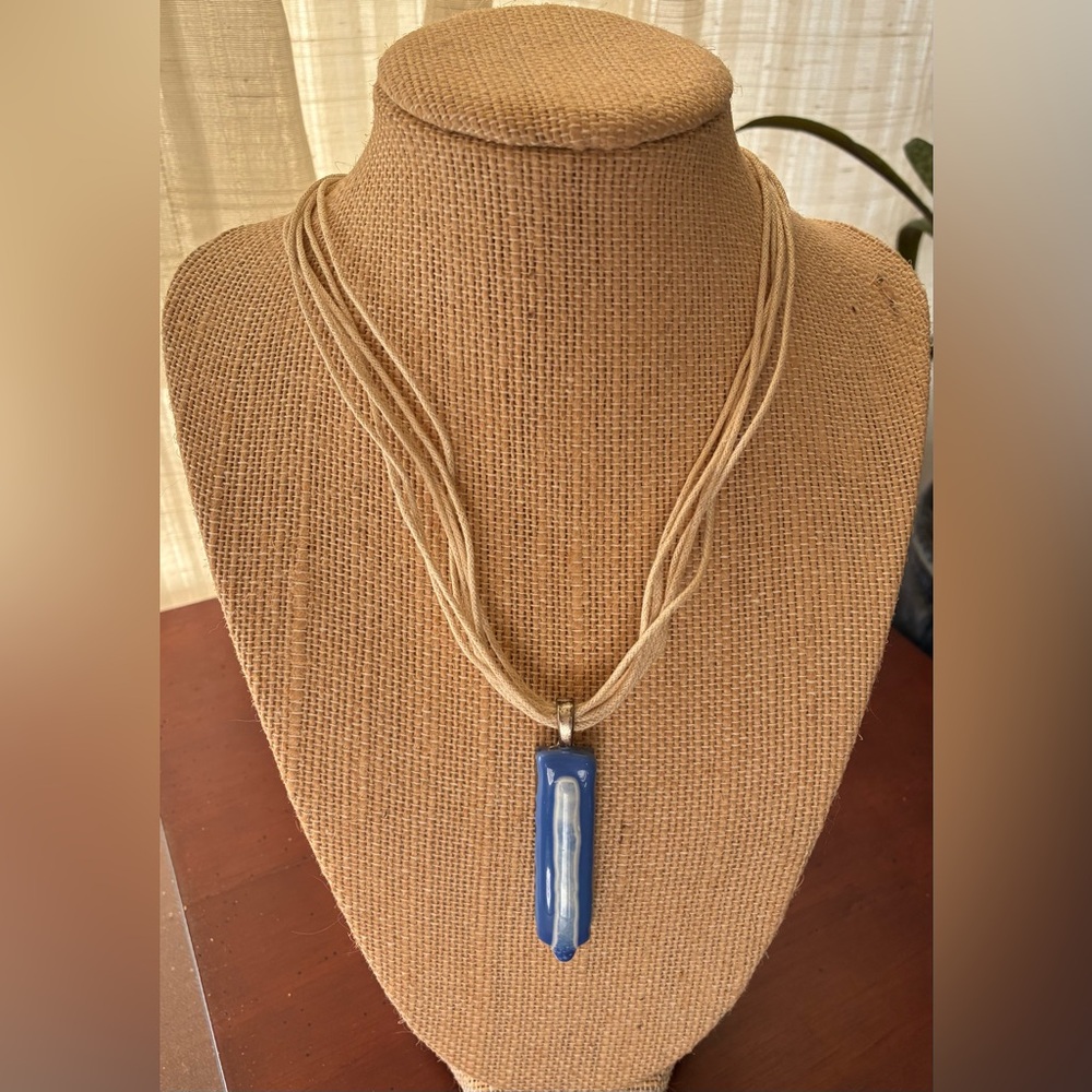 BOGO Handcrafted Blue Glass Pendant Necklace on Cream Cord